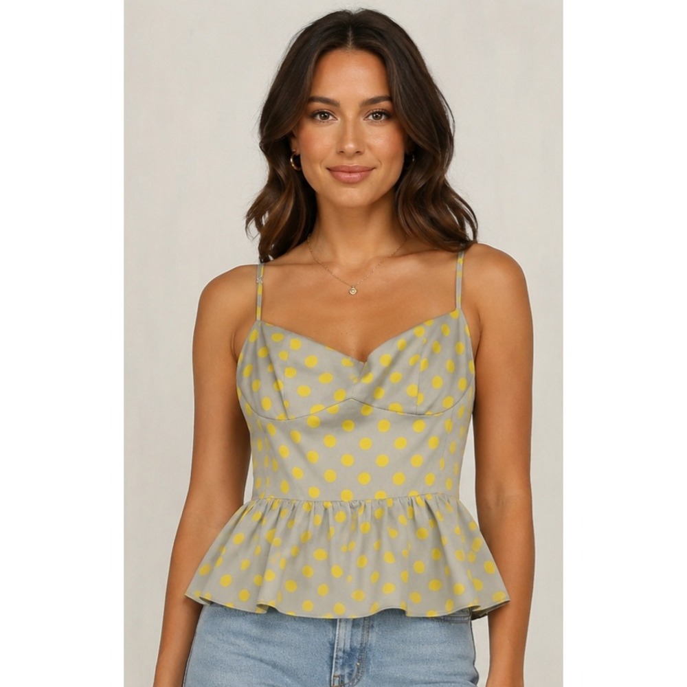 Zara Women Grey Yellow Polka Dot Peplum Camisole Top Smocked Back Small